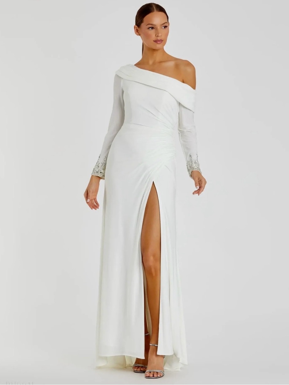 Mac Duggal One-Shoulder White Evening Gown with High Slit